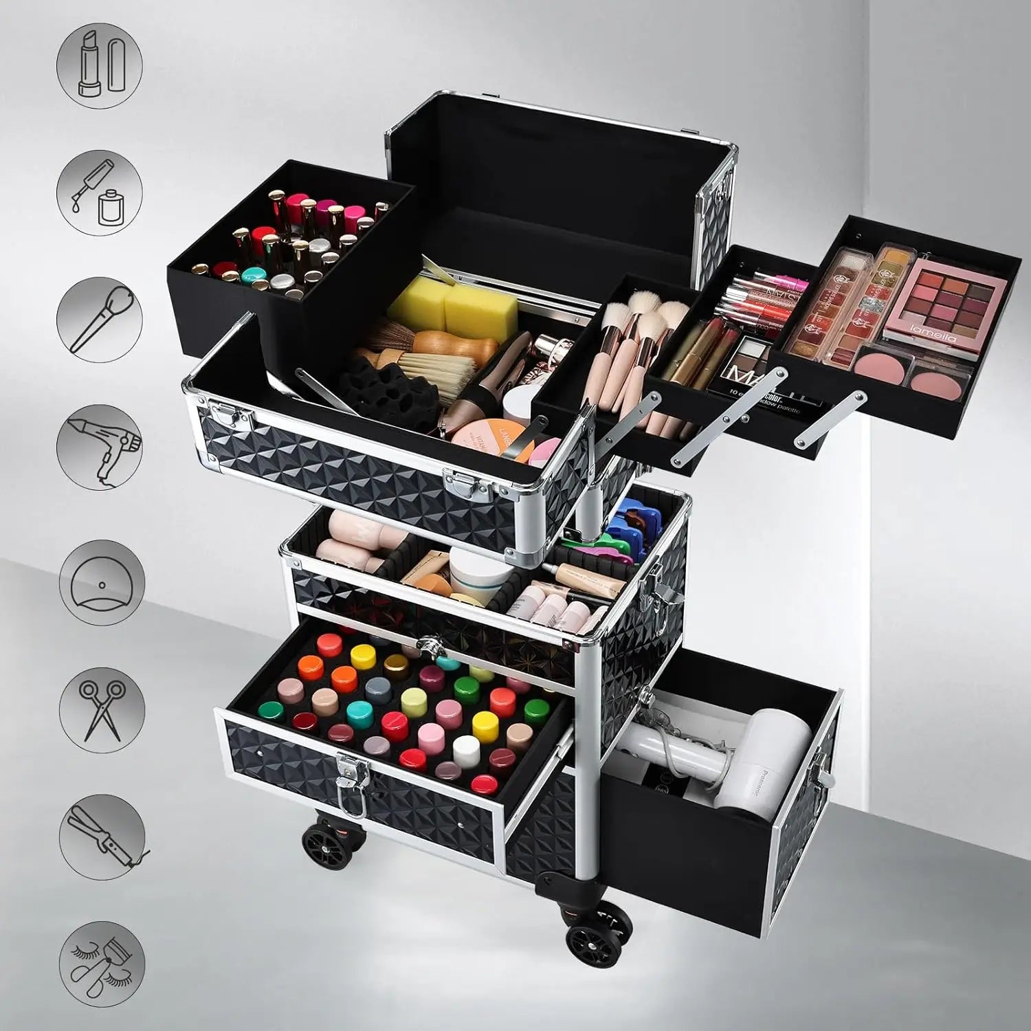 Professional Rolling Makeup Trolley Case with Wheels & Drawers