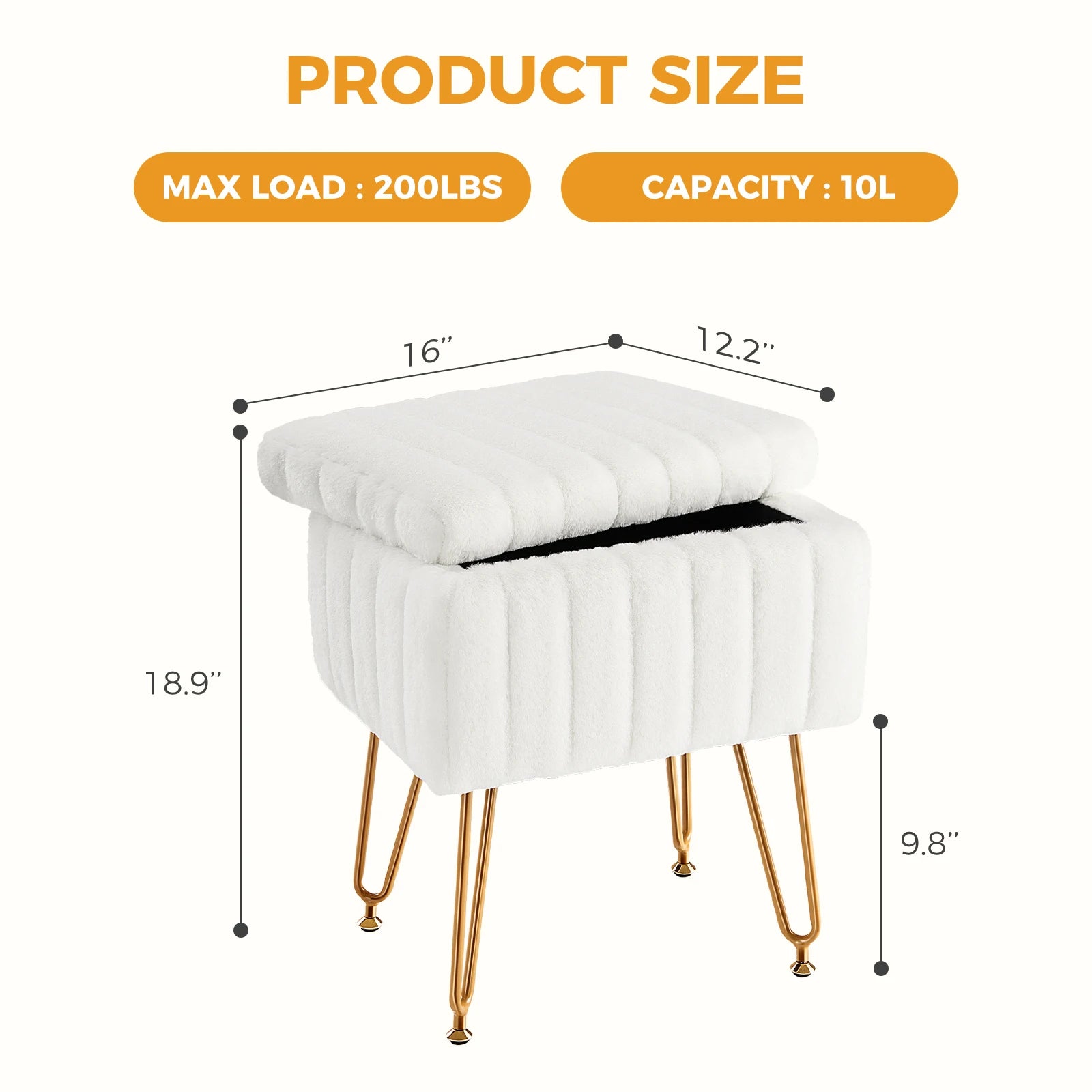 JHK Faux Fur Storage Ottoman with Metal Legs