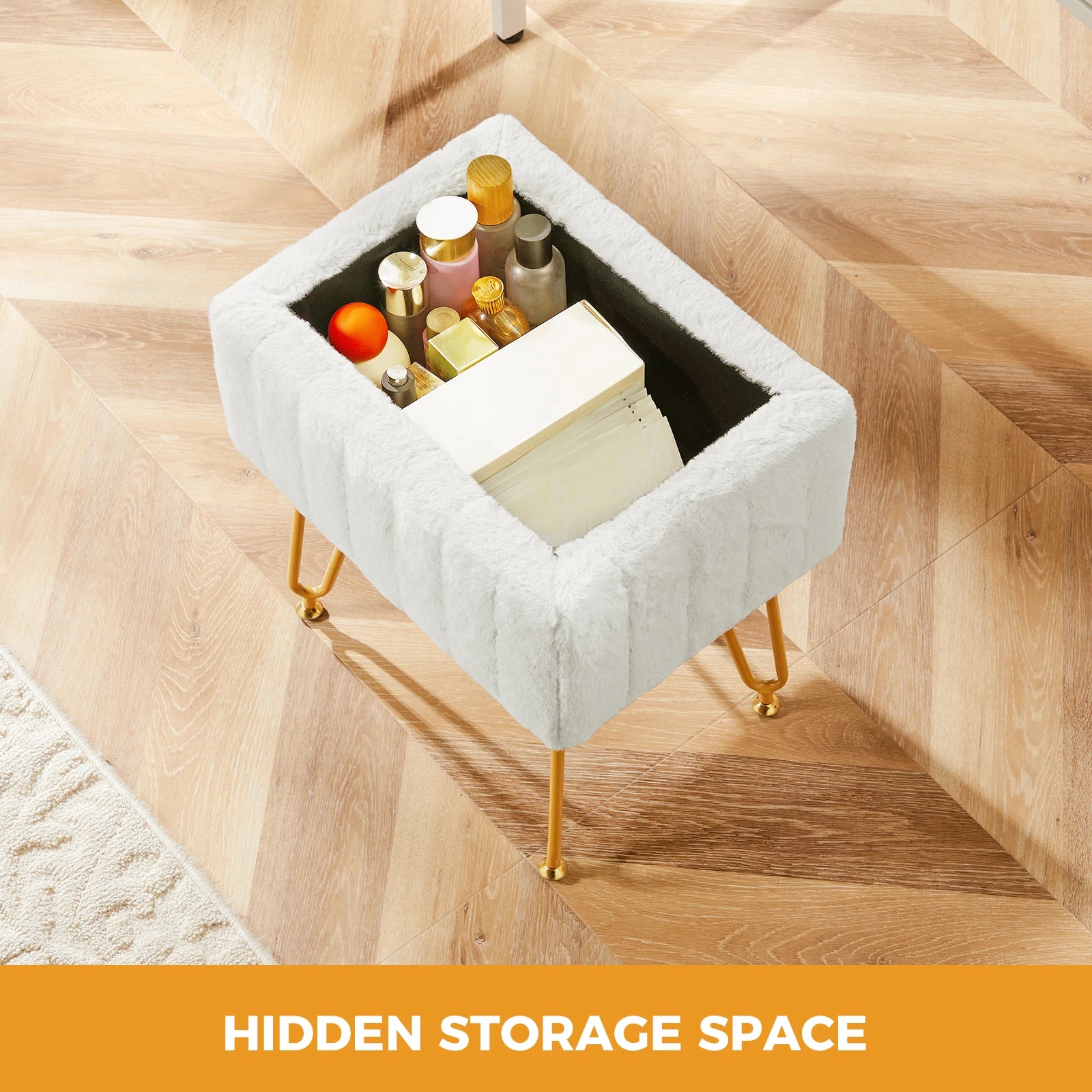 JHK Faux Fur Storage Ottoman with Metal Legs