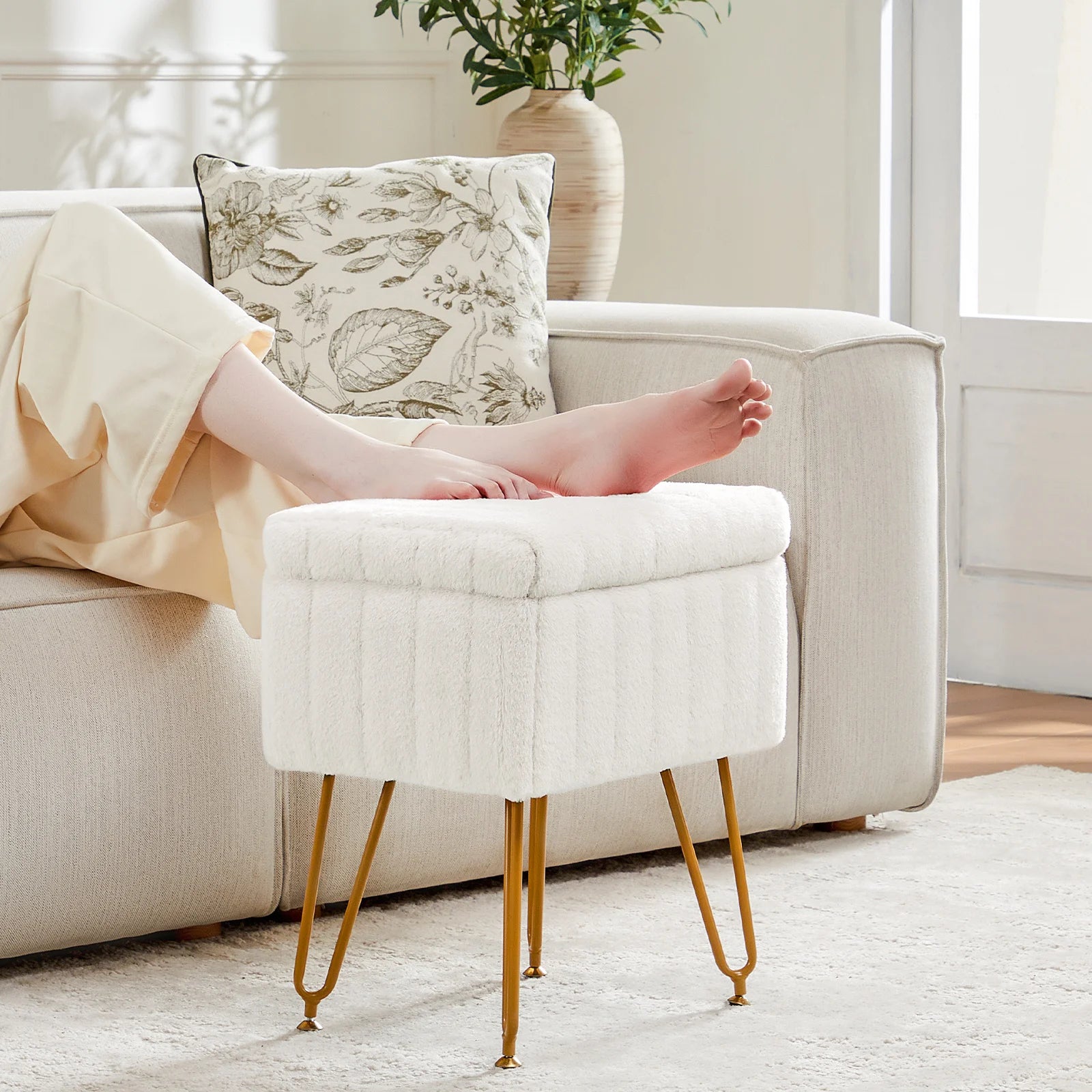 JHK Faux Fur Storage Ottoman with Metal Legs