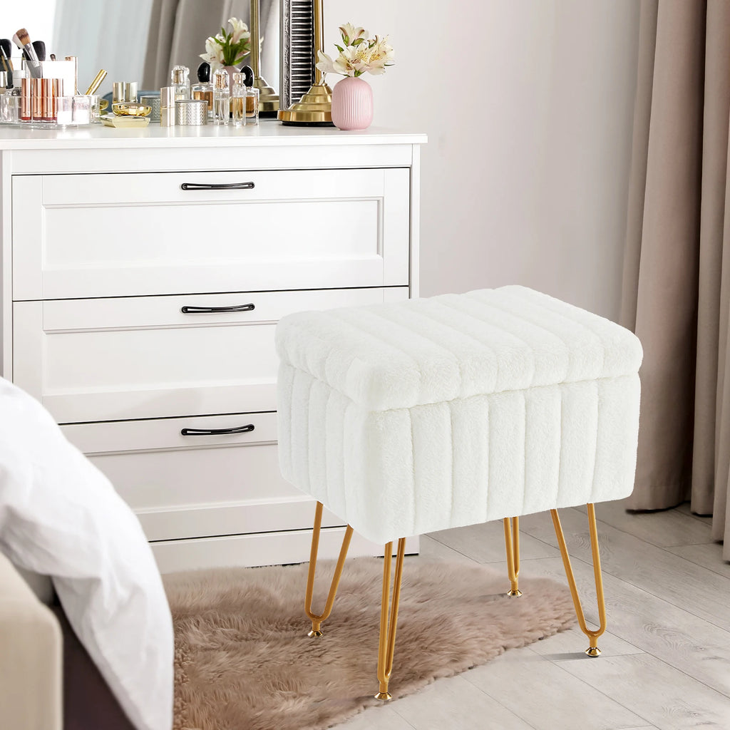 JHK Faux Fur Storage Ottoman with Metal Legs