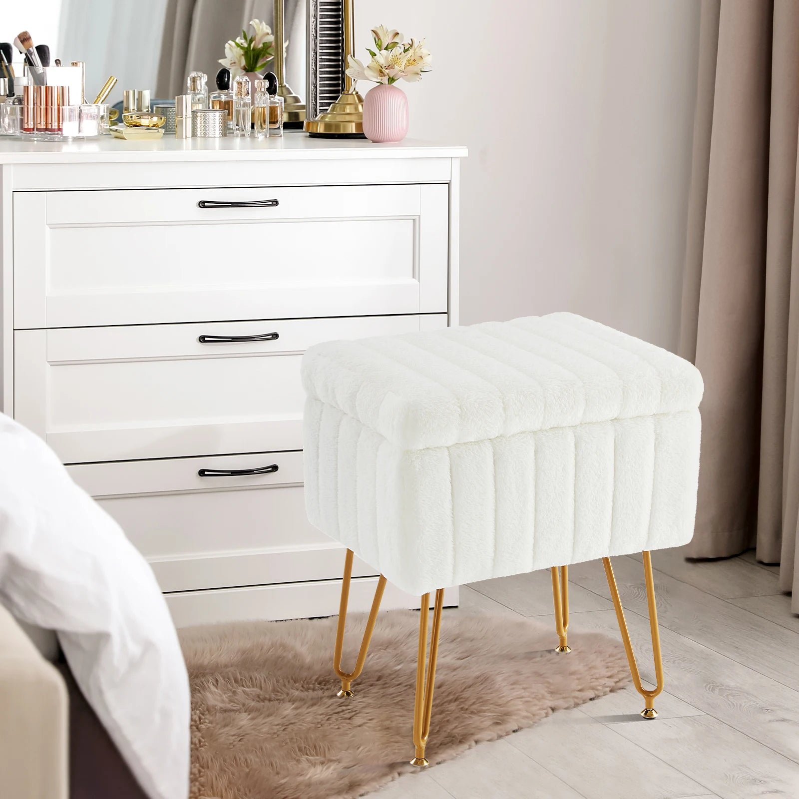 JHK Faux Fur Storage Ottoman with Metal Legs