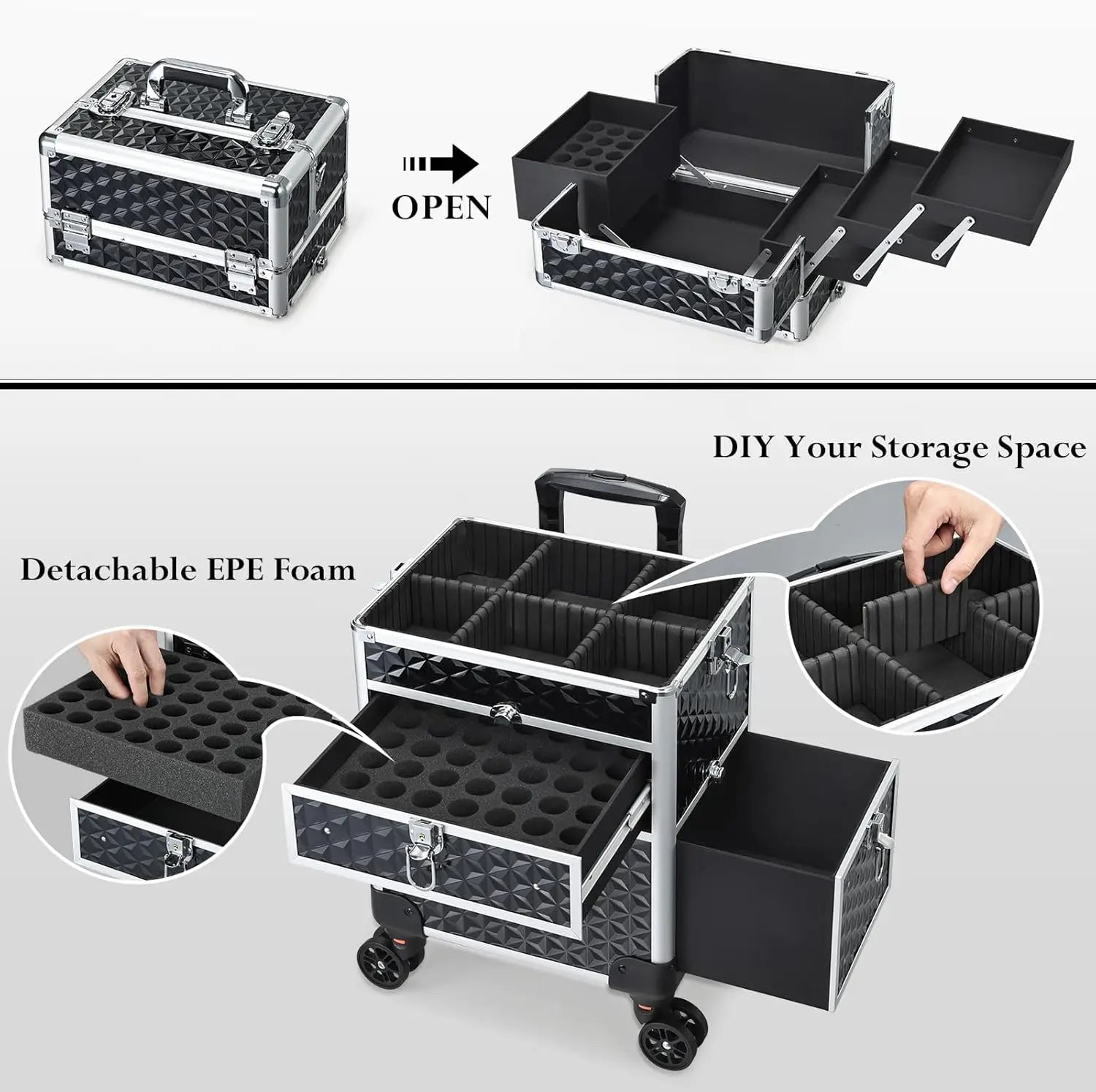 Professional Rolling Makeup Trolley Case with Wheels & Drawers