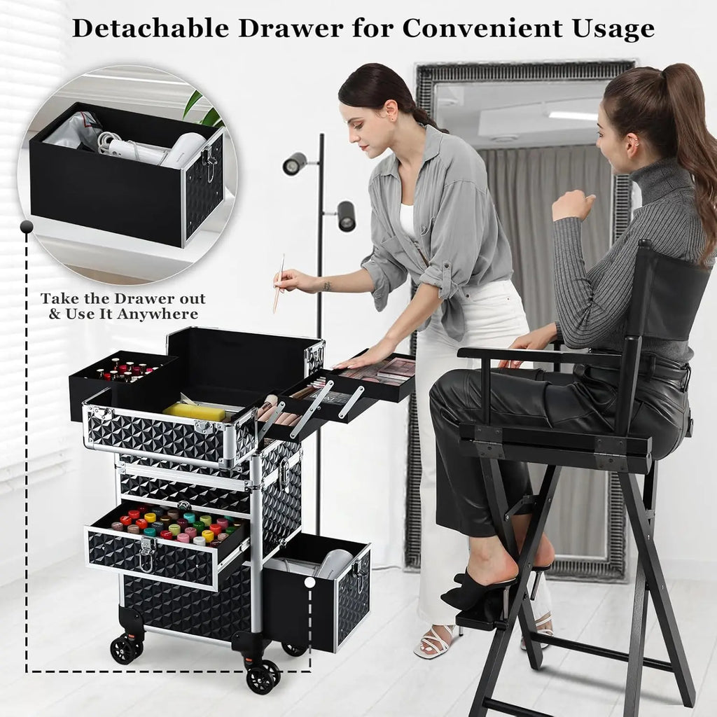 Professional Rolling Makeup Trolley Case with Wheels & Drawers