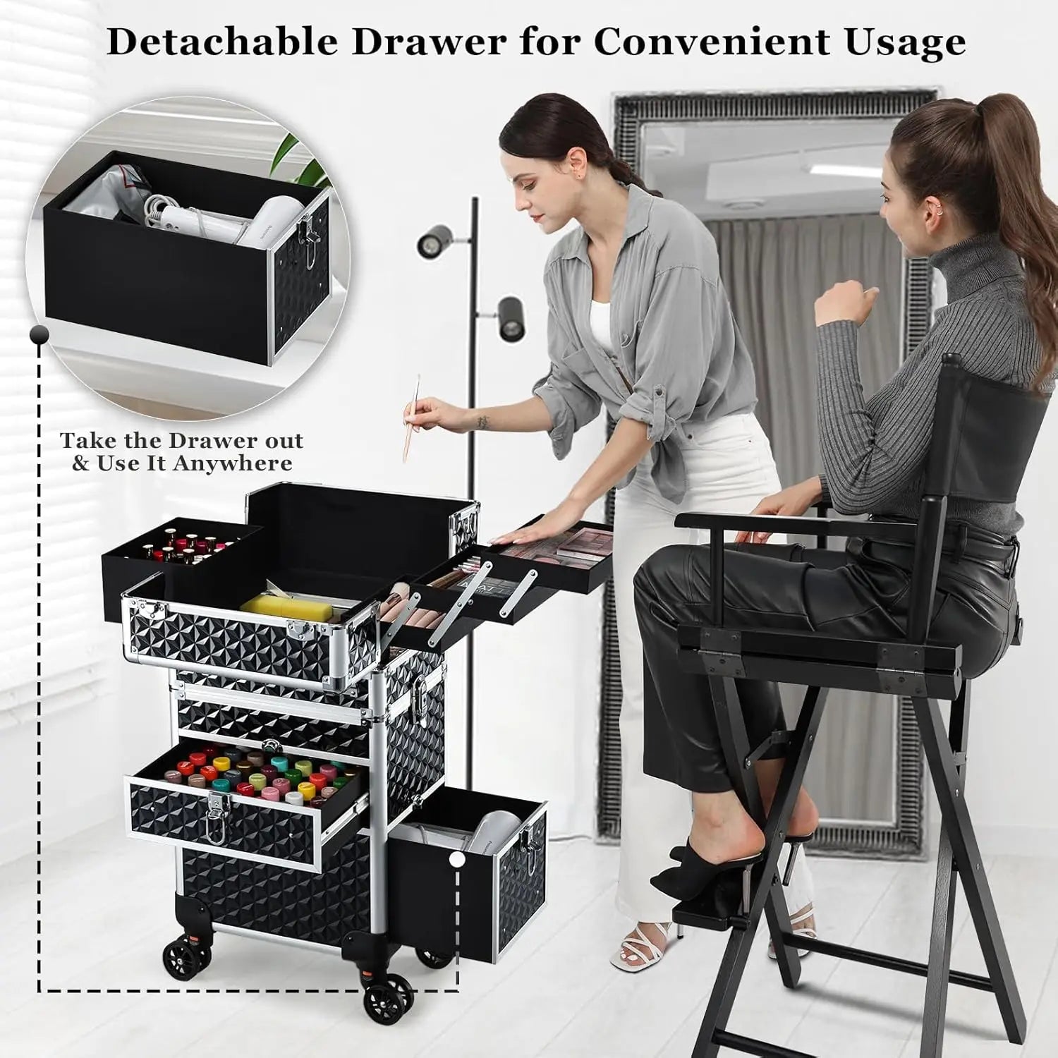 Professional Rolling Makeup Trolley Case with Wheels & Drawers
